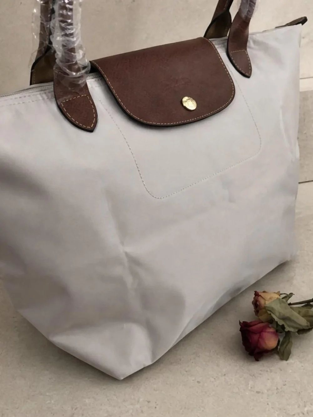 Longchamp Light Gray Tote with Brown Leather Trim